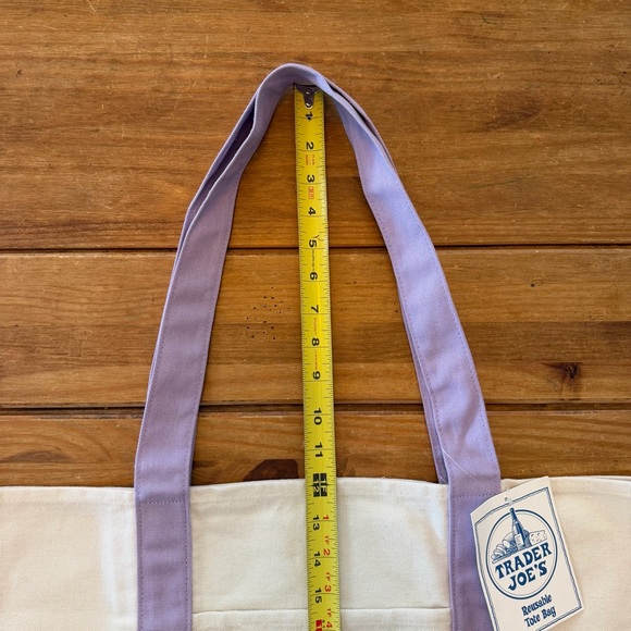 NWT Trader Joe’s LARGE Canvas Reusable Tote Bag - Cream with Lavender Straps - Picture 7 of 9